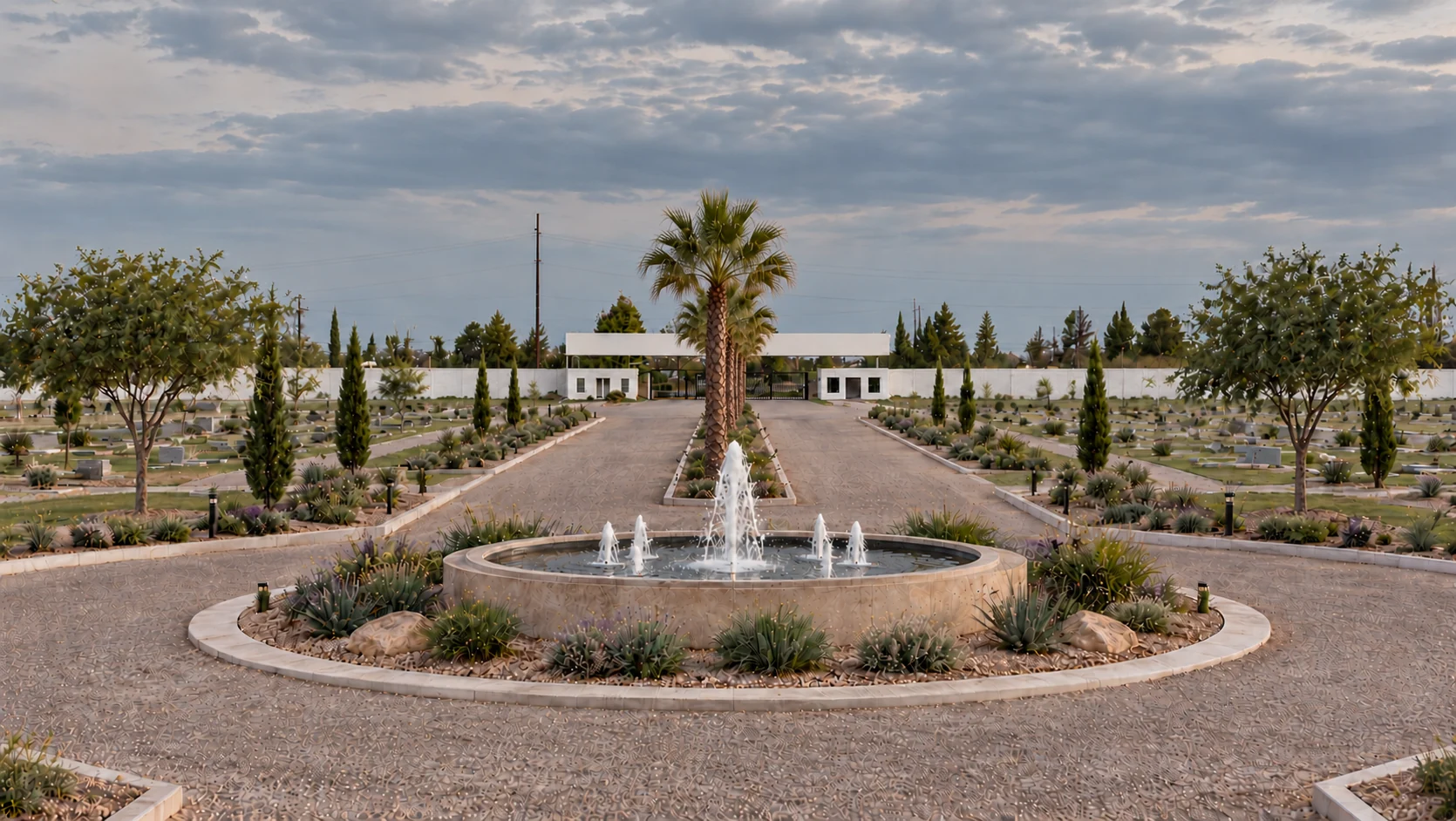 Visualización de la fuente central rodeada de jardines, palmeras y caminos